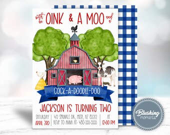 May include: A red barn with a white X on the door, a pig inside, and a cow and chicken outside. The barn is surrounded by green trees. The text "OINK & A MOO" and "COCK-A-DOODLE-DOO" are written in red. The text "JACKSON IS TURNING TWO" is written in blue. The text "SATURDAY APRIL 3RD" is written in black. The text "412 SPRINKLE DR, MESA, AZ 85212" is written in black. The text "RSVP TO ANNA AT: 480-555-5555" is written in black. The text "12:00 PM" is written in black. The text "Blushing moments" is written in white on a blue circle.