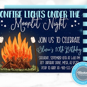 EDITABLE Bonfire Invitation, Camping BIrthday Invite, Fall Festival Flyer, Backyard Party, S&#39;more Invitations, Glamping, Instant Download