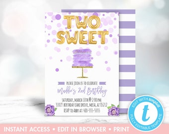 Second Birthday Invitation, Two Sweet Birthday Invitations, Birthday Cake Invitation, 2nd Birthday , Purple and Gold, Printable, Editable