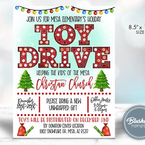 EDITABLE Holiday Toy Drive Flyer, Christmas Flyer,  Chistmas Church Invitation, Printable School Flyer, PTA PTO School Fundraiser