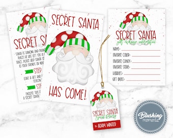 May include: A set of printable Secret Santa cards featuring a cartoon Santa Claus with a red hat and white beard. The cards include instructions for a Secret Santa gift exchange, a gift exchange information sheet, and a gift tag.