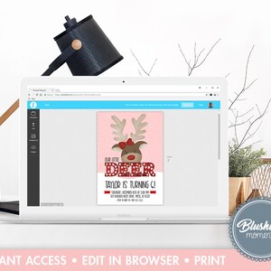 May include: A pink and red printable invitation with a cartoon reindeer wearing a red bow. The text reads "Our Little Deer Taylor is Turning 6!"