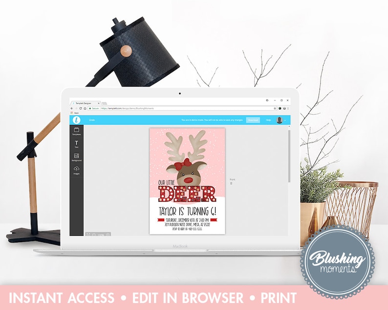 May include: A pink and red printable invitation with a cartoon reindeer wearing a red bow. The text reads "Our Little Deer Taylor is Turning 6!"