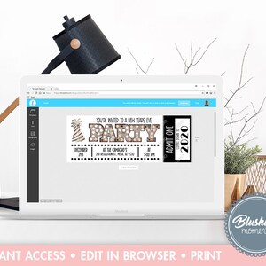 May include: Editable New Year's Eve party ticket template displayed in a browser window. The ticket is black and white with gold accents and says "You're invited to a New Year's Eve Party" and "Count Down to 2020".