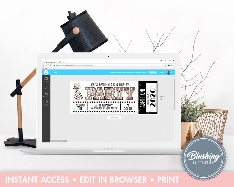 May include: Editable New Year's Eve party ticket template displayed in a browser window. The ticket is black and white with gold accents and says "You're invited to a New Year's Eve Party" and "Count Down to 2020".