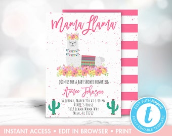 Mama Llama Baby Shower Invitation, Llama Shower Theme, Printable Llama Invitations, Girl Baby Shower Invites, Instant Download, Editable
