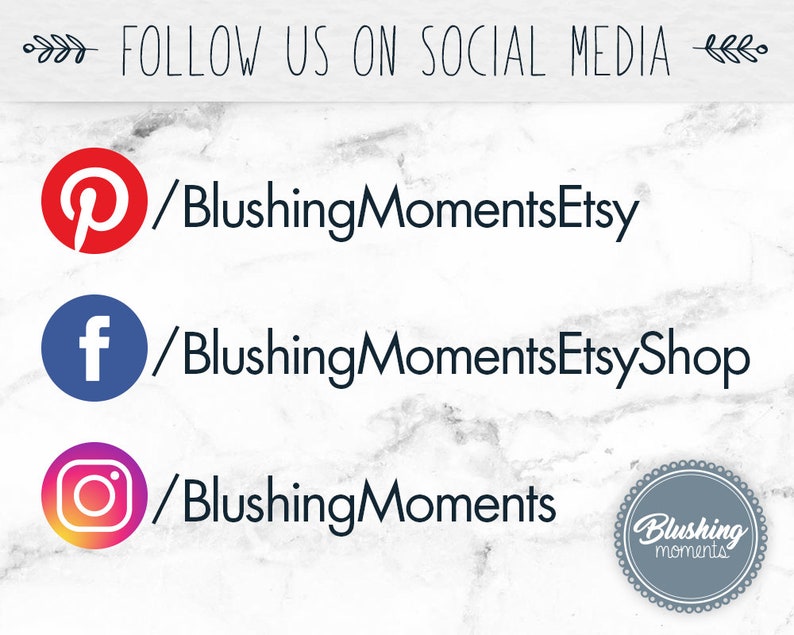 K&ouml;nnte beinhalten: Social-Media-Symbole f&uuml;r Pinterest, Facebook und Instagram mit dem Benutzernamen "BlushingMomentsEtsy" f&uuml;r jede Plattform.