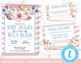 Baby Shower Invitation Set, Baby Shower Invitations, For Girl, Floral Baby Shower Invite, Printable, Editable, Instant Download, Templett