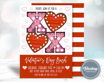 May include: A Valentine's Day party invitation with a red and pink XO graphic with light bulbs. The text reads "Please join us for a Valentine's Day Bash, Saturday, February 14th at 2:00 PM, 31019 Rustic Heart Drive, Mesa, AZ 85212, RSVP to Addy at: 480-555-5555".