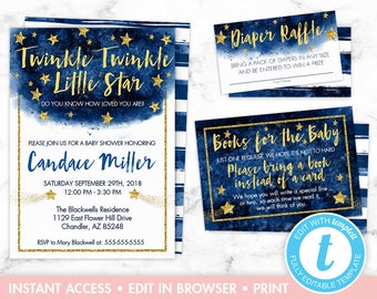 Twinkle Twinkle Little Star Baby Shower Invitation Set, Printable Baby Shower Invitation Template, Instant Download, Editable Invitation