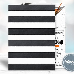 Puede incluir: Tarjeta de invitaci&oacute;n a rayas blancas y negras con una ilustraci&oacute;n de c&oacute;ctel y detalles del evento. La tarjeta presenta el texto "OR A SPECTACULAR" y el logotipo "Blushing Moments".