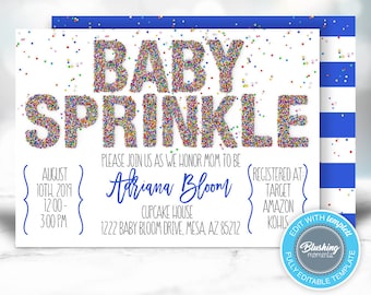 EDYTOWALNE zaproszenia Baby Sprinkle, zaproszenie na baby shower dla chłopca, niebieskie Baby Sprinkle, tęczowe baby shower, do druku, szablon