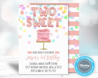 Second Birthday Invitation, Two Sweet Birthday Invitations, Birthday Cake Invitation, 2nd Birthday , Pink and Rose Gold, Printable, Editable
