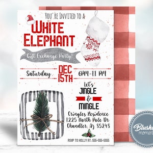 May include: White Elephant Gift Exchange Party invitation with a red and white striped stocking, a wrapped gift with a pine sprig, and the text "You're invited to a White Elephant Gift Exchange Party! Saturday Dec 15th 6PM-11PM Let's Jingle & Mingle Cringles Residence 1225 North Pole Dr Chandler, Az 85248 RSVP to Holly at: 555-555-5555"
