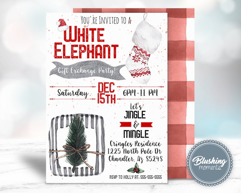 May include: White Elephant Gift Exchange Party invitation with a red and white striped stocking, a wrapped gift with a pine sprig, and the text "You're invited to a White Elephant Gift Exchange Party! Saturday Dec 15th 6PM-11PM Let's Jingle & Mingle Cringles Residence 1225 North Pole Dr Chandler, Az 85248 RSVP to Holly at: 555-555-5555"