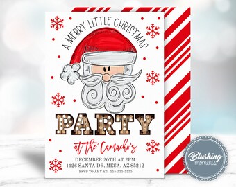 May include: A white invitation with red and white candy cane stripes on the right side. The invitation features a cartoon drawing of Santa Claus with the text "A Merry Little Christmas Party at the Camacho's" and details for the party, including the date, time, address, and RSVP information.