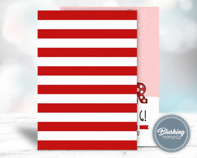 May include: Red and white striped card with the text "Merry Christmas!" in red glitter letters. The card is decorated with a red glitter snowflake and a white glitter snowflake. The card is from "Blushing Moments".
