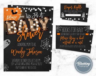 EDITABLE Halloween Baby Shower Invitation Set, Fall Baby Shower Invite, Halloween Gender Reveal, Halloween Party Invitation, Printable