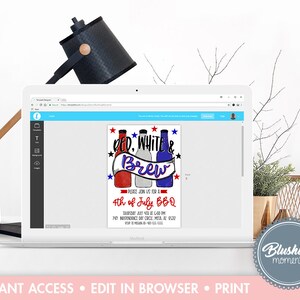 May include: Editable 4th of July BBQ invitation template with a red, white, and blue design featuring three bottles with stars and the text "Red, White & Brew". The text "Please join us for a 4th of July BBQ" is also included.