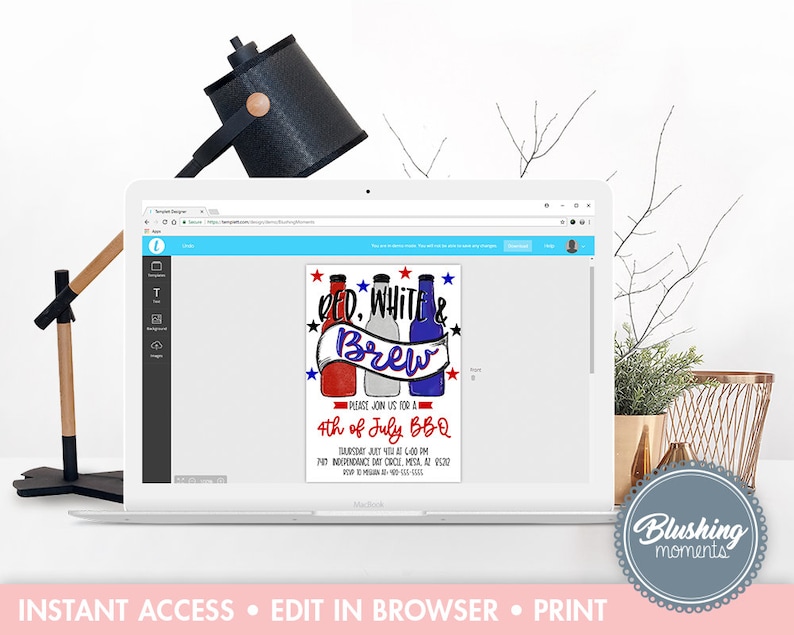 May include: Editable 4th of July BBQ invitation template with a red, white, and blue design featuring three bottles with stars and the text "Red, White & Brew". The text "Please join us for a 4th of July BBQ" is also included.