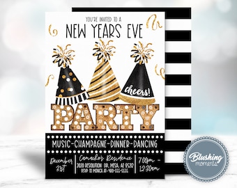 May include: A black and white striped background with a white card featuring a gold and black New Year's Eve party invitation. The invitation features a gold and black party hat with the text "New Year's Eve Party" and "Cheers!" The invitation also includes the date and time of the party, as well as the location and RSVP information.