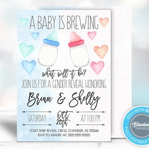 EDITABLE Gender Reveal Invitation, A Baby is Brewing, Blue or Pink Gender Reveal, He or She Invite, Boy or Girl Invitation, Printable Invite
