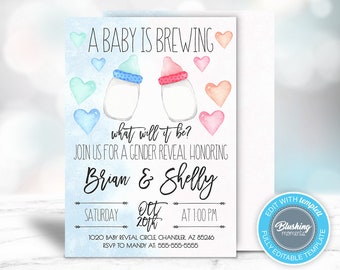 EDITABLE Gender Reveal Invitation, A Baby is Brewing, Blue or Pink Gender Reveal, He or She Invite, Boy or Girl Invitation, Printable Invite
