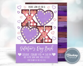 May include: Valentine's Day invitation with a purple and pink theme. The design features illuminated "XOXO" letters and hearts. The invitation includes event details: date, time, and location.