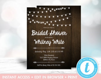 Rustic Bridal Shower Invitation, Rustic Invitation, Country Invitation, Bridal Shower Invitation, String Lights, Templett, Instant Download