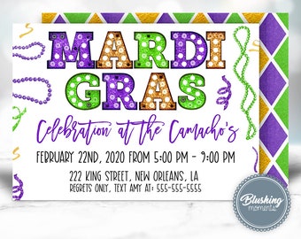 May include: A Mardi Gras party invitation with a purple, green, and gold color scheme. The invitation features the text "Mardi Gras Celebration at the Camacho's" with the date and time of the event: "February 22nd, 2020 from 5:00 PM - 9:00 PM". The invitation also includes the address: "222 King Street, New Orleans, LA" and a phone number for regrets only: "555-555-5555".