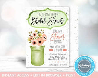 Editable Rustic Bridal Shower Invitation, Mason Jar Invitations, Country Bridal Shower Invite, Printable, Instant Download