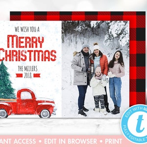 Cartão fotográfico de Natal xadrez Buffalo, cartões fotográficos de Natal para impressão, cartão fotográfico de fazenda, download instantâneo, cartão de Natal auto editável