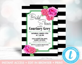 May include: Black and white striped background with a green border and a floral design. The text reads "Bridal Shower Honoring Courtney Grey Saturday, March 19th at 1:00 PM 5555 Flower Girl Drive, Gilbert, AZ 85296 Hosted by Kristen and Molly RSVP by 3/1/2018 at 480.555.5555 Registered at Target"