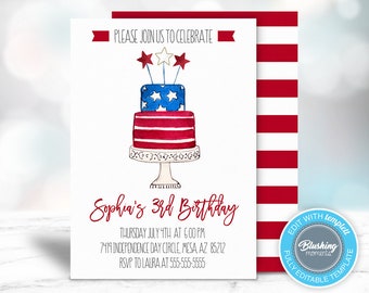 Puede incluir: Una invitación imprimible para una fiesta de cumpleaños de 3 años con un pastel rojo, blanco y azul decorado con estrellas. El texto de la invitación dice "Sophia's 3rd Birthday" e incluye la fecha, la hora y la ubicación de la fiesta. También se incluye la información de RSVP.