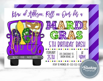 May include: Purple invitation with a cartoon purple truck filled with Mardi Gras beads, masks, and a fleur-de-lis. The text reads "Krew of Addison, Roll on Over for a Mardi Gras 5th Birthday Bash". The invitation includes the date, time, and location of the party.