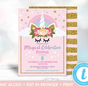 Rainbow Unicorn Birthday Invitation, Unicorn Birthday Invitation, Unicorn Party, Pink and Gold Glitter, Unicorn Invite, Instant Download