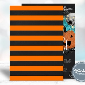 Puede incluir: Invitaci&oacute;n imprimible para una fiesta de Halloween a rayas naranja y negras con un dise&ntilde;o de calabaza brillante y telara&ntilde;a. El texto de la invitaci&oacute;n dice "Halloween Treats".