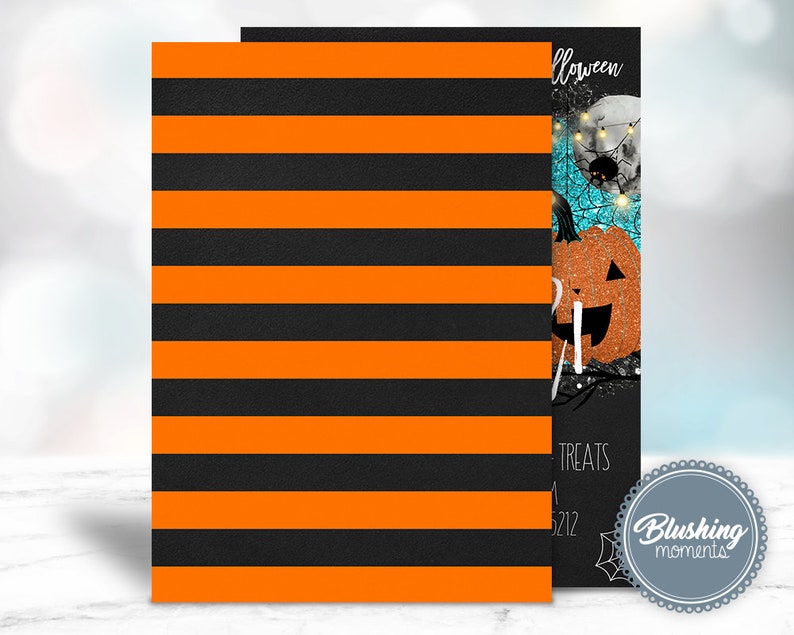 Puede incluir: Invitaci&oacute;n imprimible para una fiesta de Halloween a rayas naranja y negras con un dise&ntilde;o de calabaza brillante y telara&ntilde;a. El texto de la invitaci&oacute;n dice "Halloween Treats".