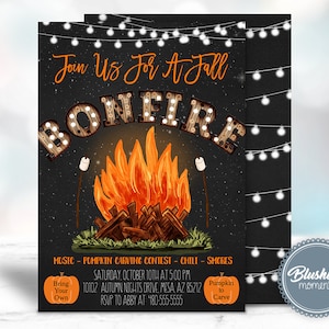EDITABLE Bonfire Invitation, Fall Harvest Party Invite, Fall Festival Flyer, Backyard Bonfire, Chili Cookoff, Pumpkin Carving, S&#39;mores, BBQ
