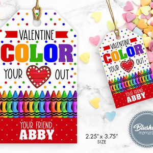 EDITABLE Crayon Valentines Day Tags, Color Your Heart Out, Party Favor Tag, Classroom School Teacher Staff, Printable Instant Download,DIY