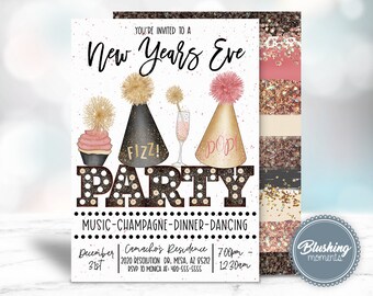 May include: A New Year's Eve party invitation with a black and white polka dot background. The invitation features a cupcake, champagne flutes, and party hats with the words "Fizz!" and "Pop!" The text on the invitation reads "You're invited to a New Year's Eve Party, Music-Champagne-Dinner-Dancing, December 31st, 7:00pm-12:30am, Camacho's Residence, 2020 Resolution Dr, Mesa, AZ 85212, RSVP to Monica at: 420-555-5555".