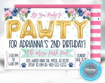 EDITABLE Puppy Birthday Invitation, Dog Invitations, Dog Themed Party, Girls Birthday Invitations, Pawty Invite, Instant Download, Printable