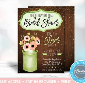 Editable Rustic Bridal Shower Invitation, Mason Jar Invitations, Country Bridal Shower Invite, Wood Invitation, Printable, Instant Download