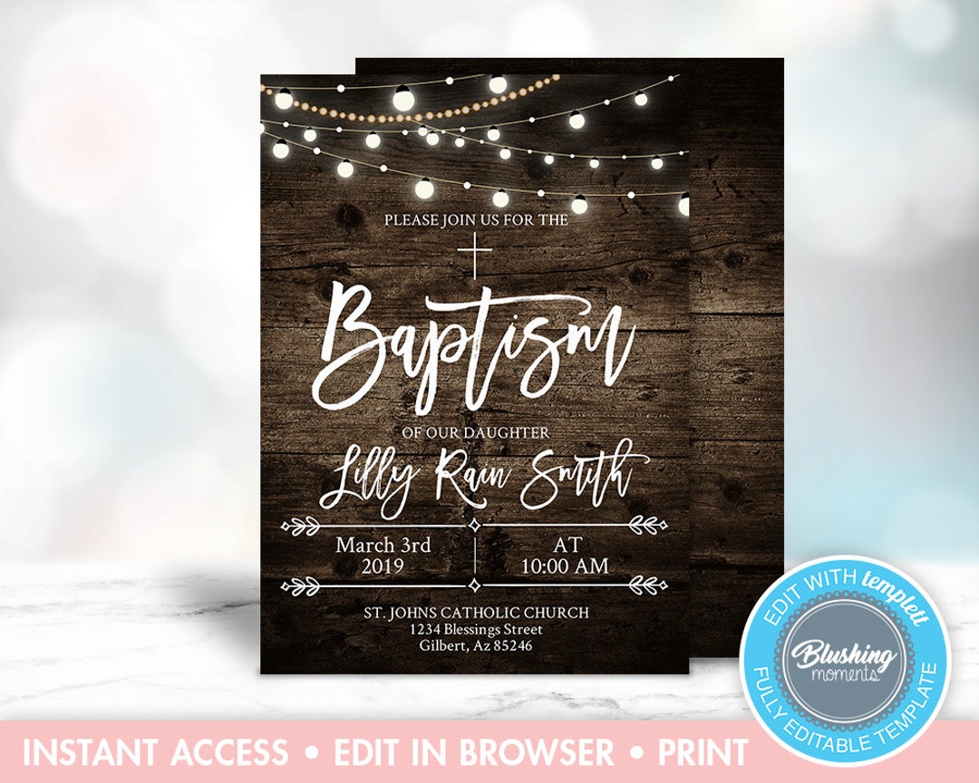 Editable Rustic Baptism Invitation Template,floral Baptism Invitations ...