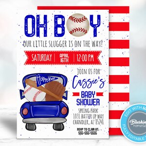 Baseball Baby Shower Invitation, Little Slugger, Oh BOY, It&#39;s A Boy Shower Invite, Editable Template, Printable, Instant Download