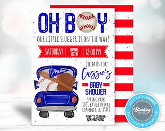 Baseball Baby Shower Invitation, Little Slugger, Oh BOY, It's A Boy Shower Invite, Editable Template, Printable, Instant Download