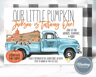 May include: A blue vintage pickup truck with a wooden bed filled with pumpkins and hay. The truck has a sign that says "Schnepf Farms" and a banner that says "Fall". The truck is on a white background with a black and white checkered pattern.