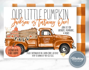 May include: An orange and brown vintage truck with a wooden bed filled with pumpkins and hay. The truck has a sign that says "Schnepf Farms" and a banner that says "Fall". The truck is on a white background with a checkered orange and white pattern in the background. The text "Our Little Pumpkin Jackson is Turning One!" is at the top of the image. The text "Join us for hayrides, pumpkins, & more!" is on the right side of the image. The text "October 10th 12:00-2:00PM" is at the bottom left of the image. The text "24610 E Rittenhouse Rd, Queen Creek, AZ 85142 RSVP to Hanna at: 480-555-5555" is at the bottom center of the image. The text "Blushing moments" is at the bottom right of the image.