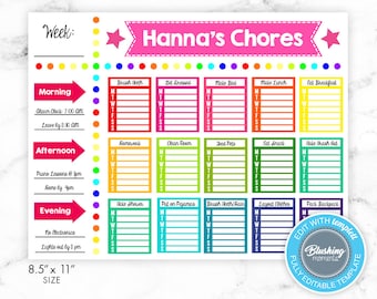 May include: A printable chore chart for a child named Hanna. The chart is divided into morning, afternoon, and evening sections. Each section has a list of chores with a space to check off each day of the week. The chart is decorated with colourful stars and dots.