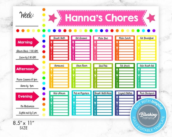 EDITABLE Kids Chore Chart, Kids Checklist, Weekly Checklist, Kids To Do List, Daily Responsibilities Chart, Printable, Instant Download